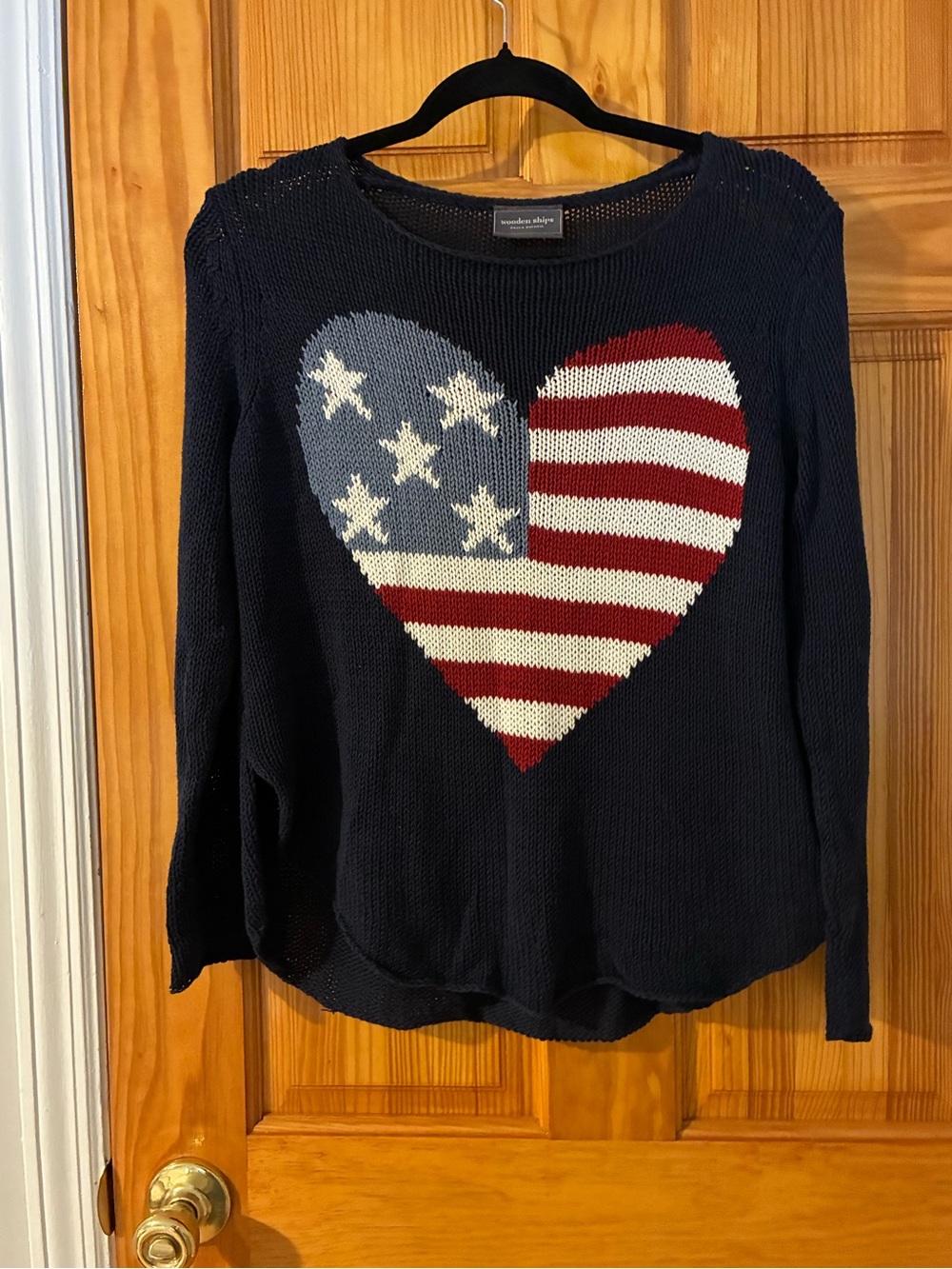 Wooden Ships Navy Sweater with Red, White & Blue Heart Graphic